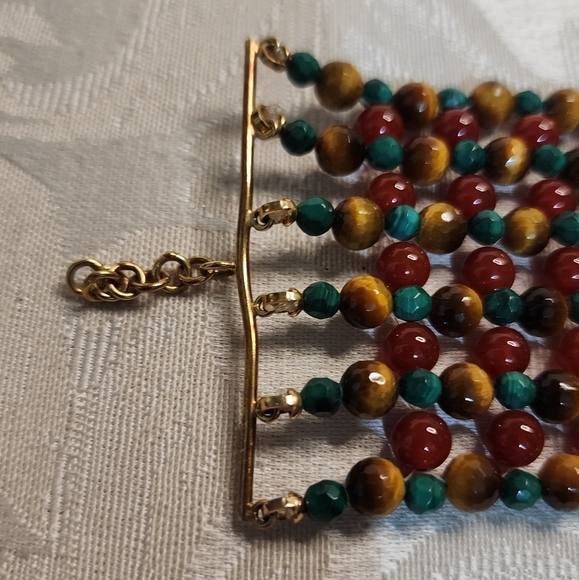 VINTAGE 1970s Natural Stone BRACELET – Vein Agate, Malachite, Tiger Eye - Picture 6 of 14